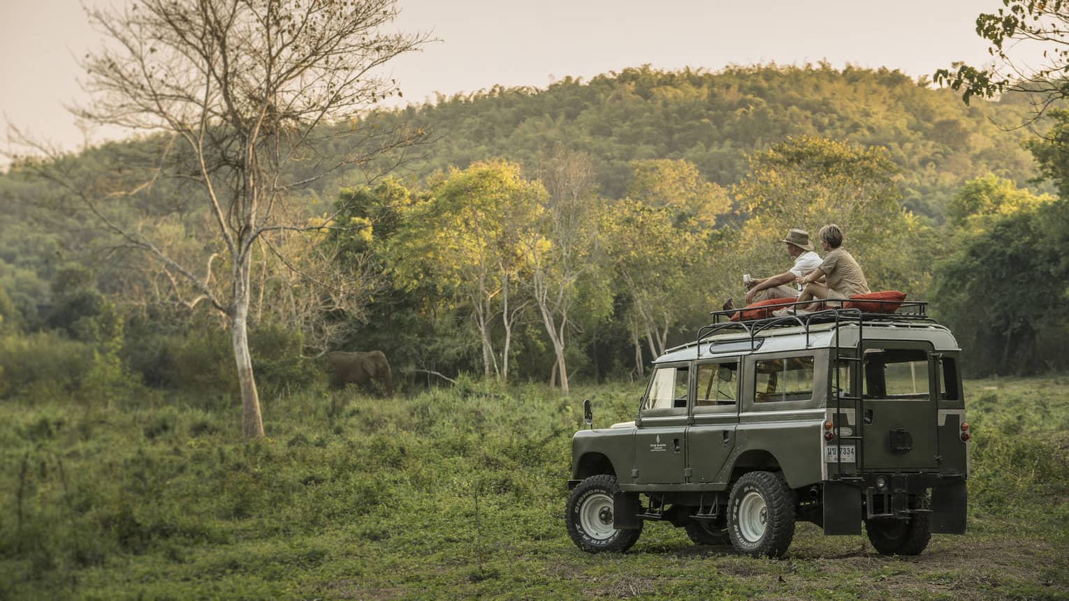 Couple in bush forest sit on top of utility vehicle