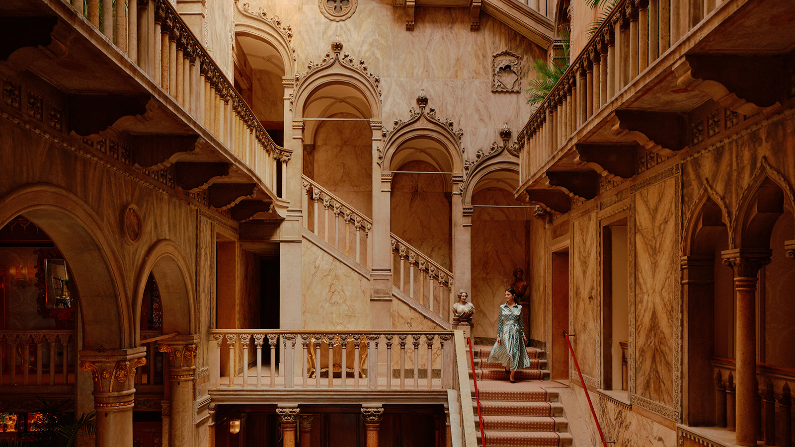Danieli Venezia Four Seasons hotel lobby with restored gilded ceiling and Venetian Gothic architecture